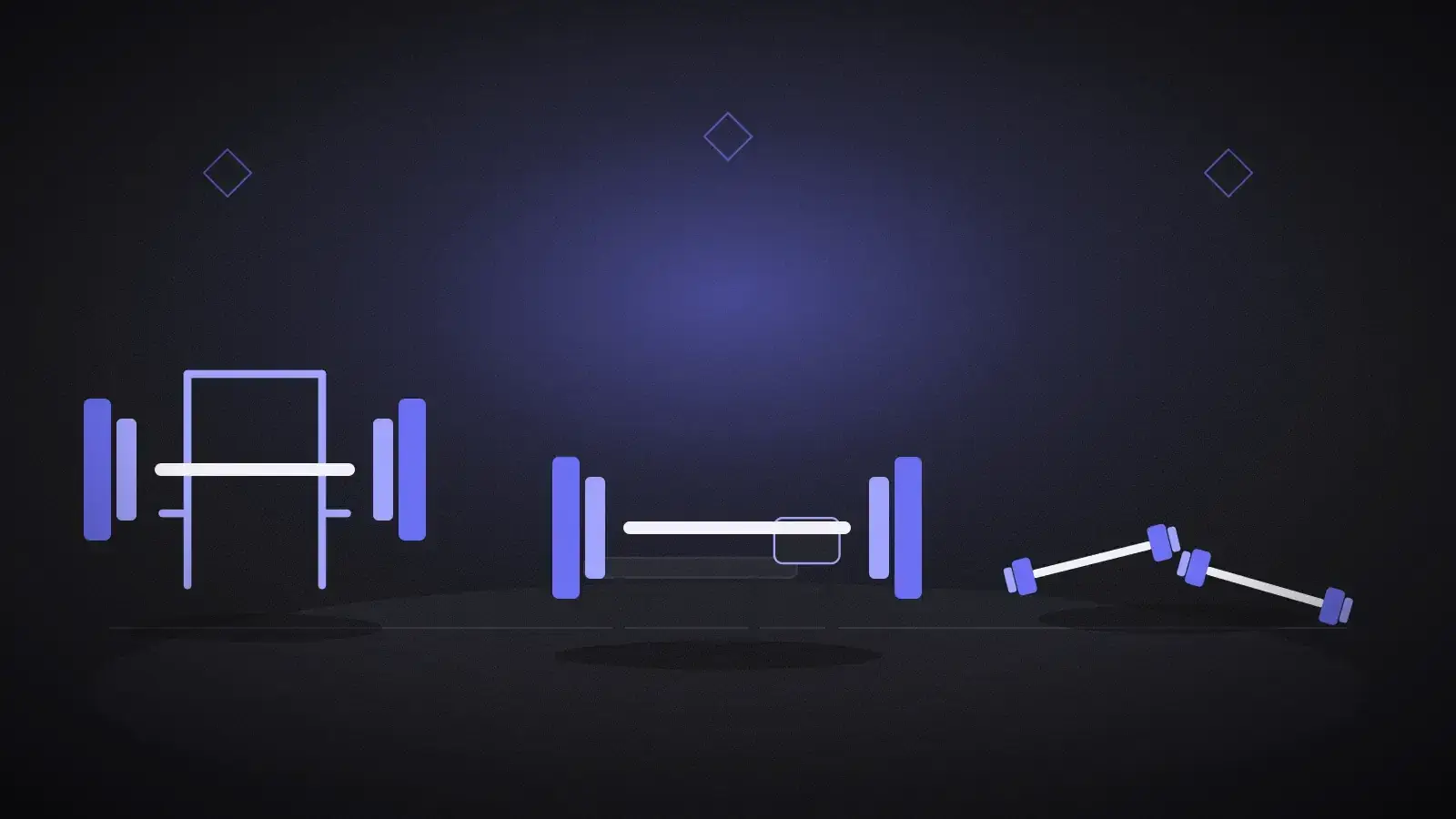A rack, a bench, and a pair of dumbbells in a row, drawn in white and purple on a dark background.