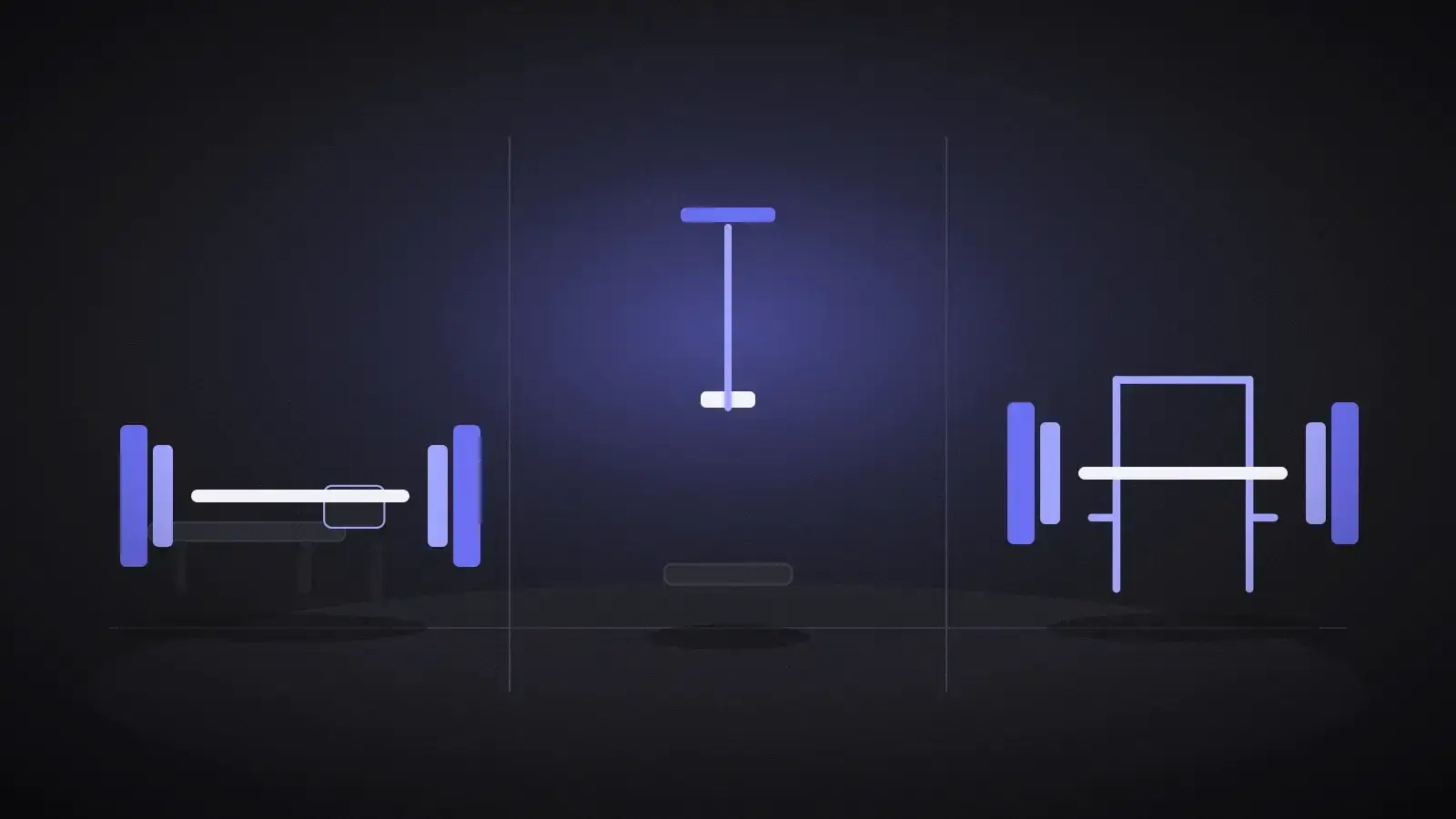 Three panels showing a bench, a cable station, and a squat rack, drawn in white and purple.