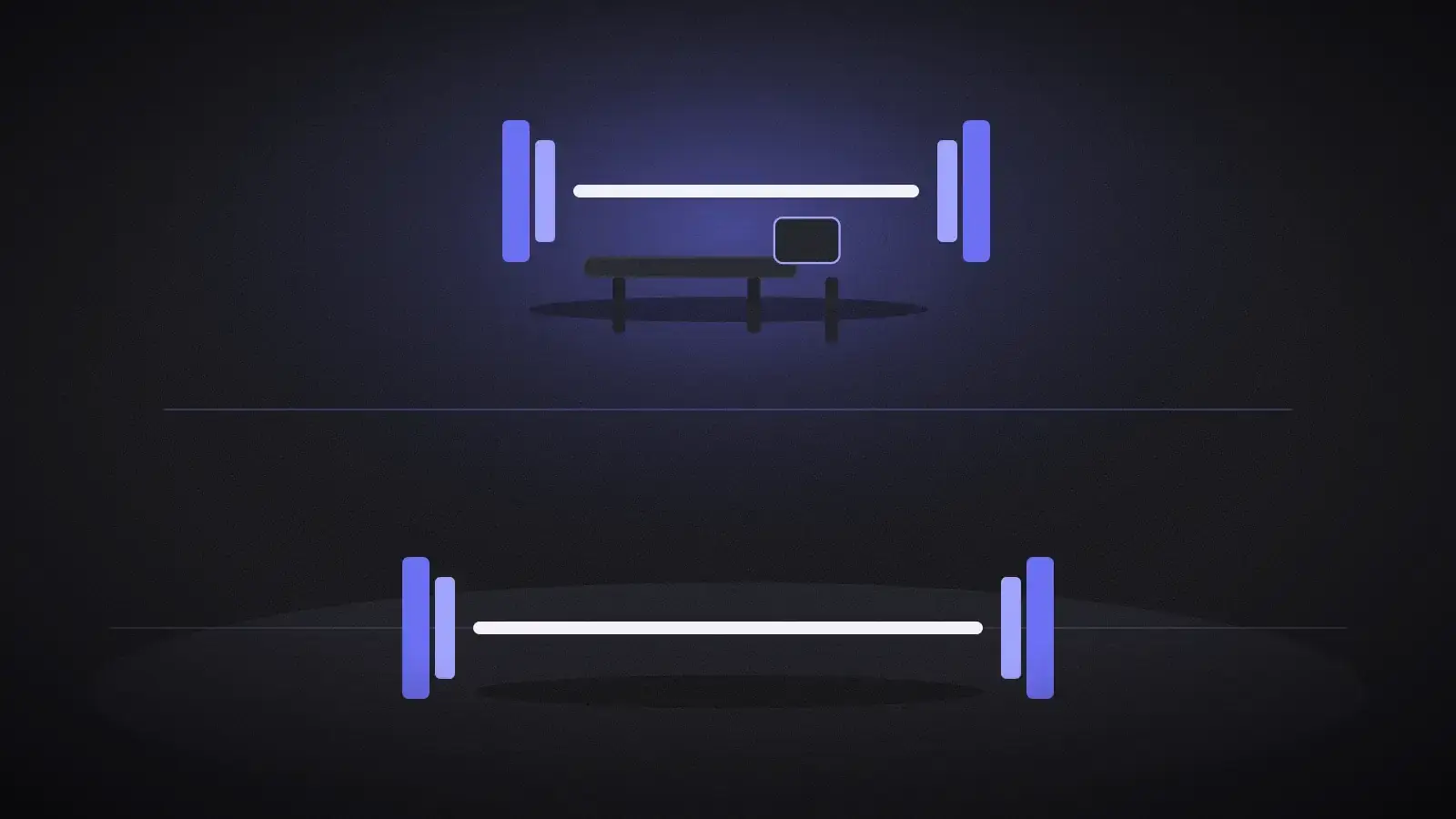 A bench and barbell above a dividing line, with a second barbell below it, on a dark background.