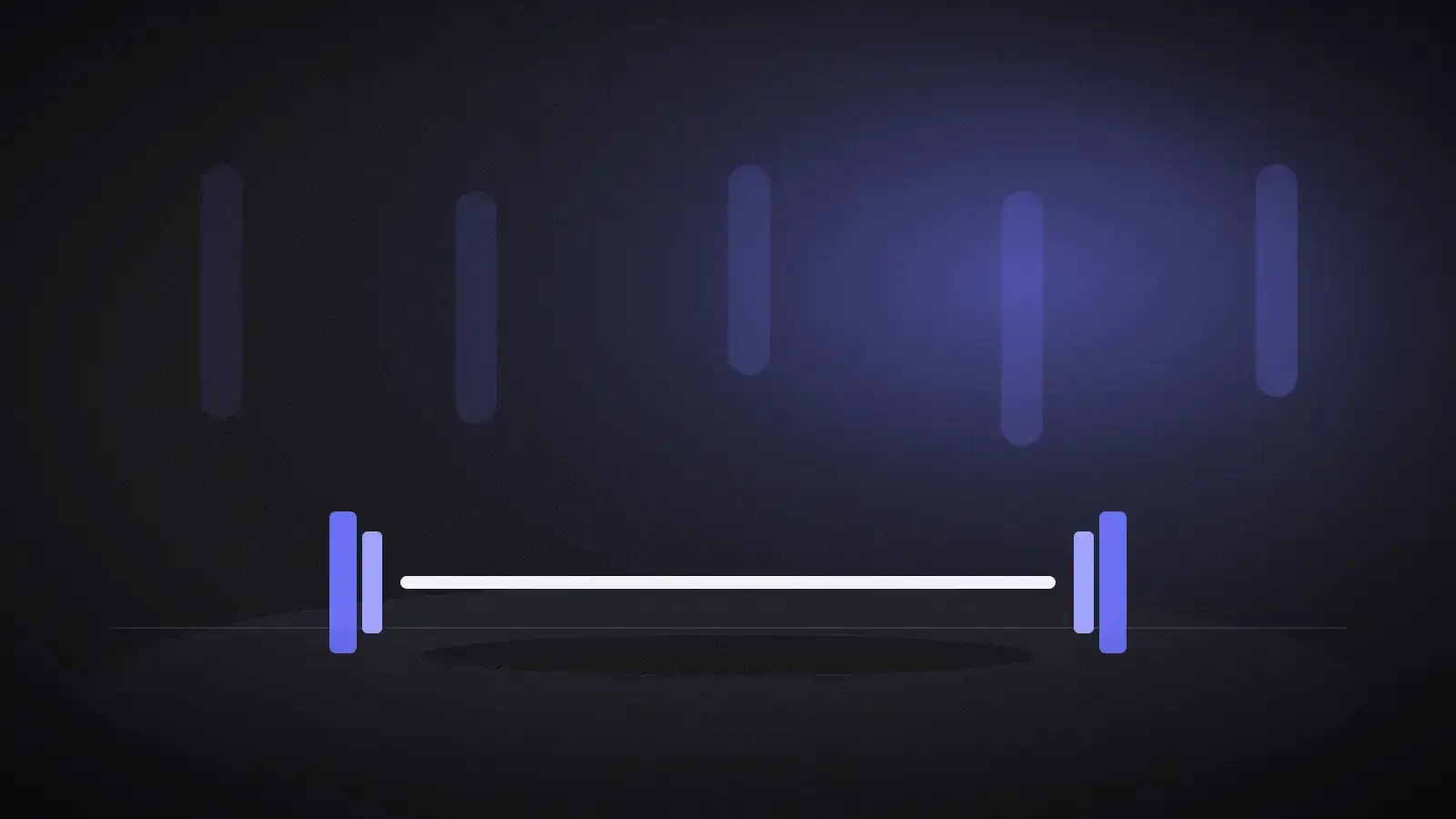 Five vertical bars of purple light above a single barbell on a dark background.