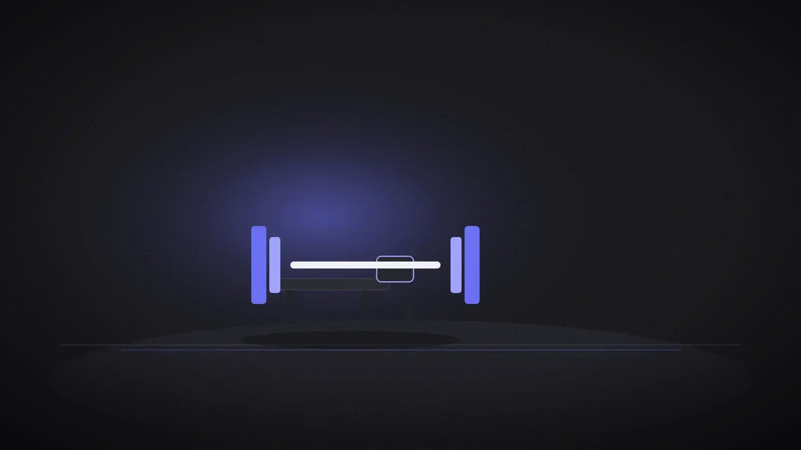 A single bench and barbell centered in a large dark frame with a small purple light.