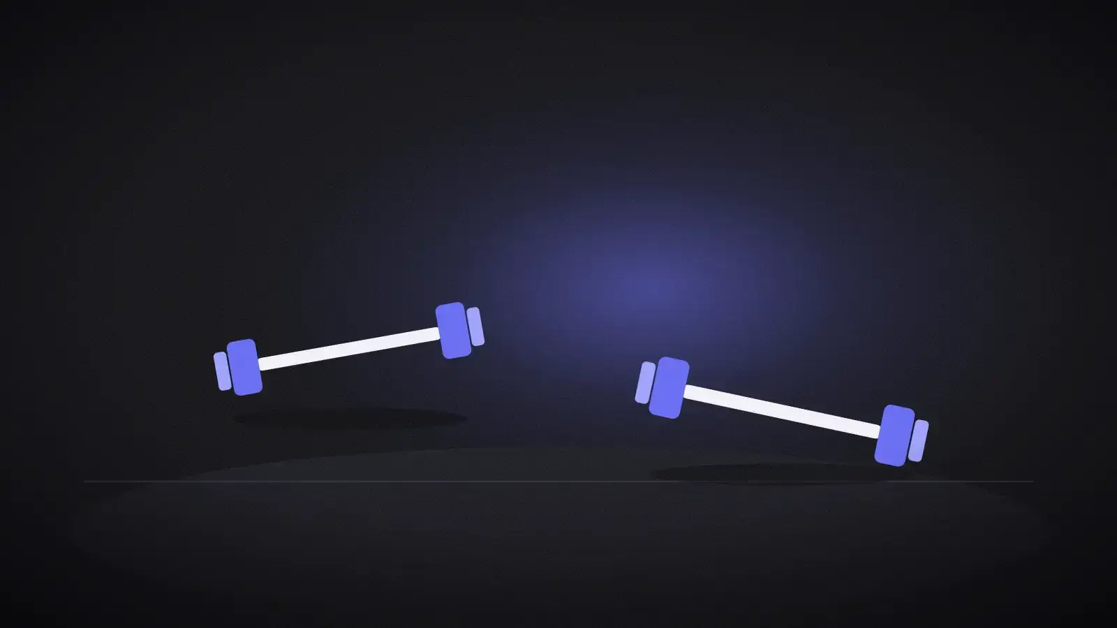 Two dumbbells angled apart on a dark background with a purple light between them.
