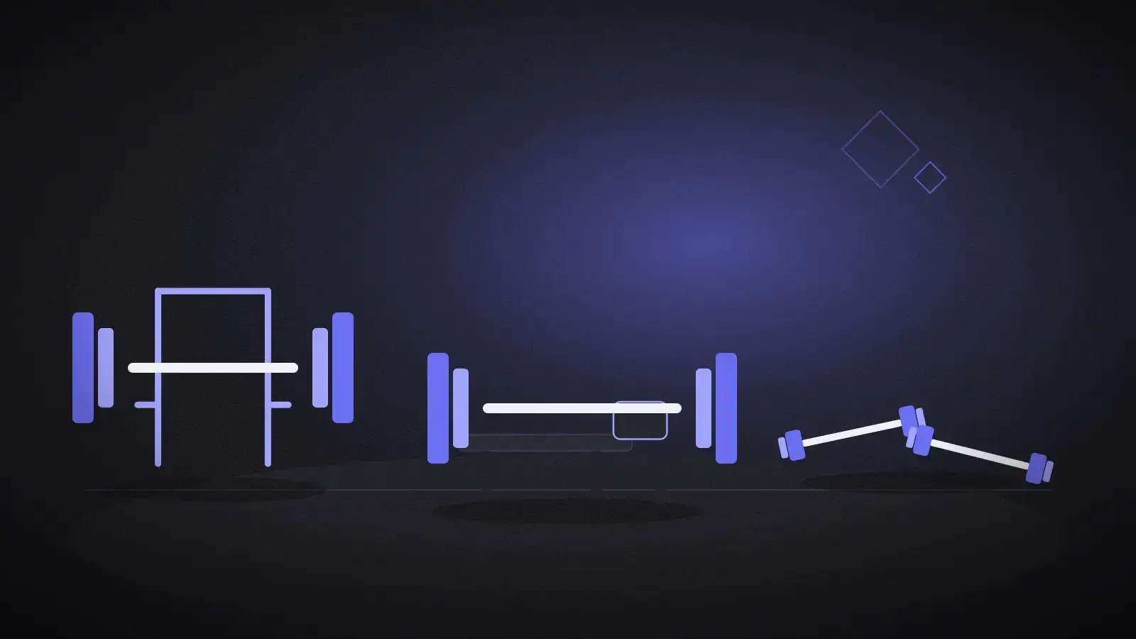 Line drawing of a rack, a bench, and dumbbells on a dark background with purple light.