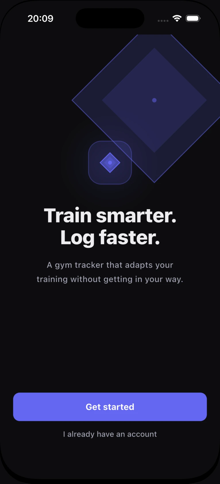 Trynema welcome screen. A diamond mark sits above the words Train smarter. Log faster, with a Get started button.