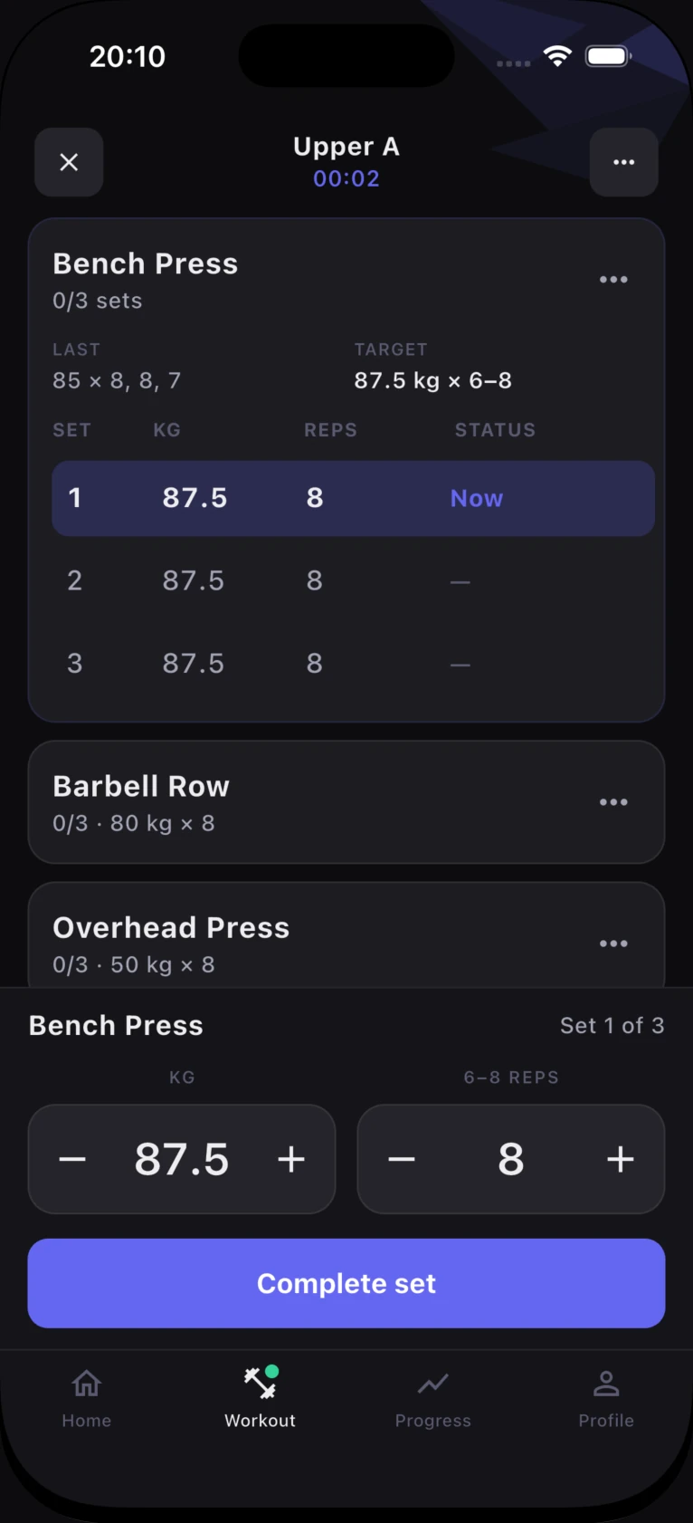 Trynema workout screen for Bench Press. Previous performance is 85 by 8, 8 and 7. The current target is 87.5 kilograms for 6 to 8 reps. Weight, reps and complete-set controls sit at the bottom.